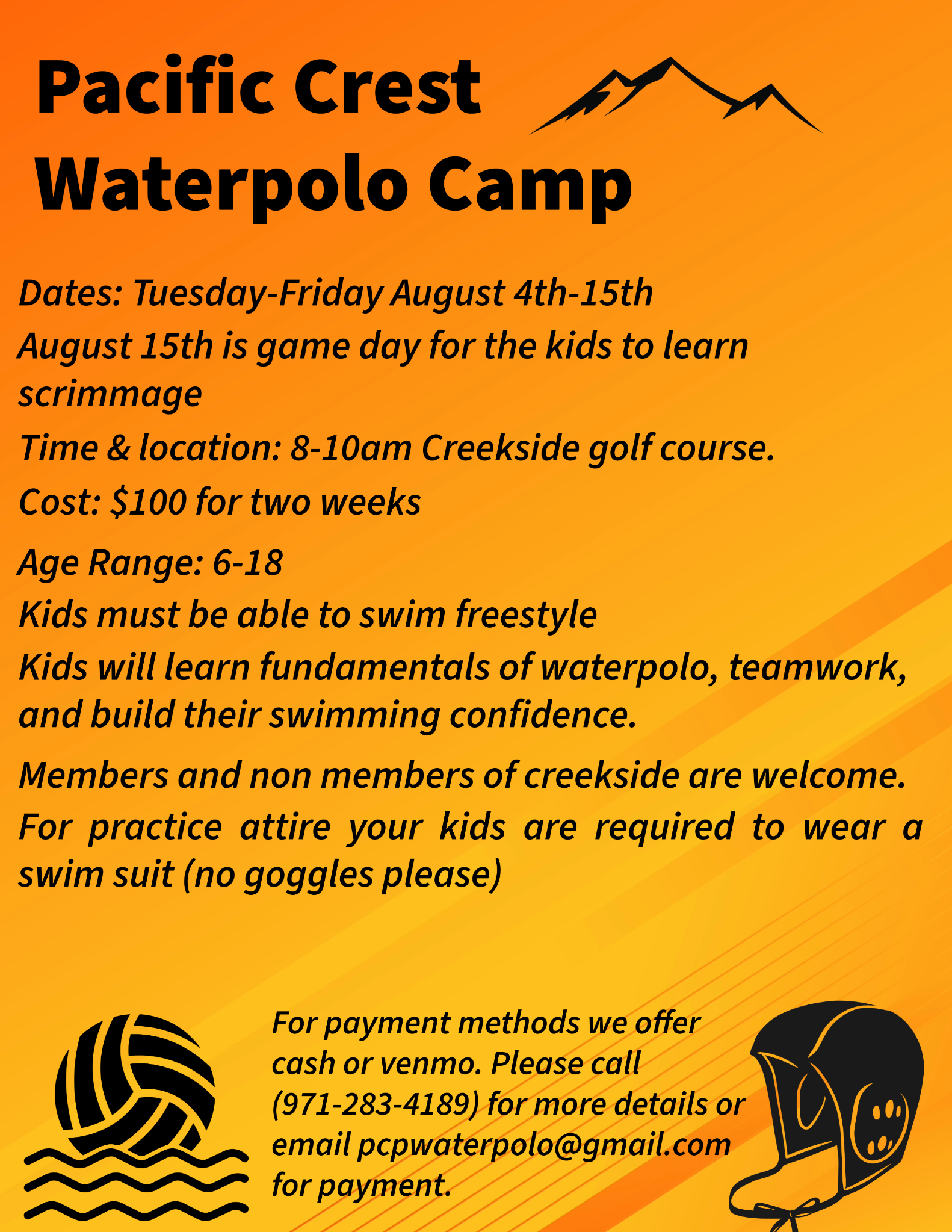 Pacific Crest Water Polo Camp flyer with dates, location, cost, age range, participation details, and contact information.